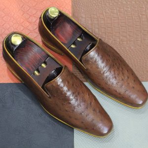 Handmade Brown Ostrich Leather Loafers – Men’s Slip-Ons for Parties & Occasions