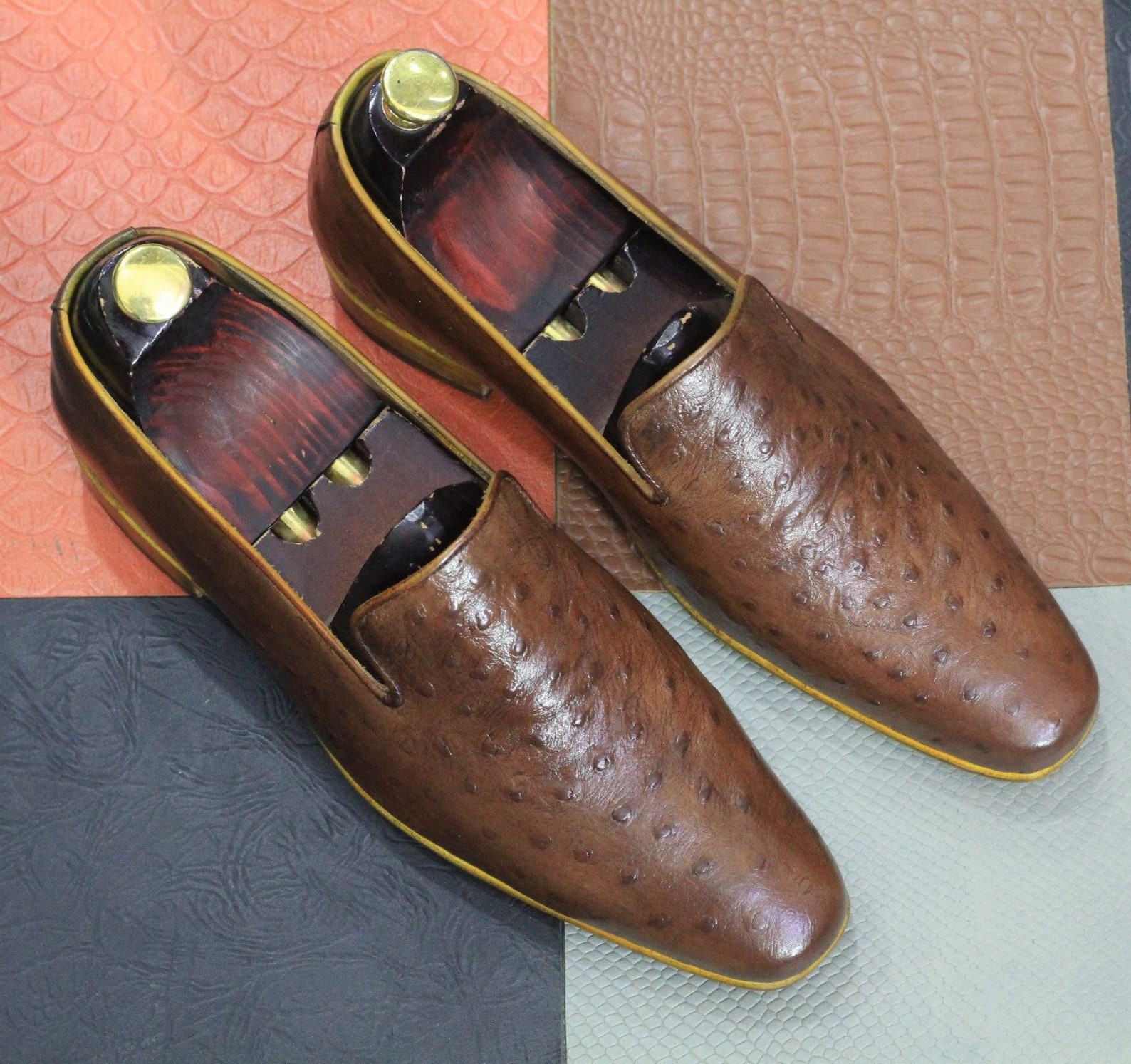 Handmade Brown Ostrich Leather Loafers – Men’s Slip-Ons for Parties & Occasions - Image 3