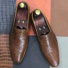 Handmade Brown Ostrich Leather Loafers – Men’s Slip-Ons for Parties & Occasions
