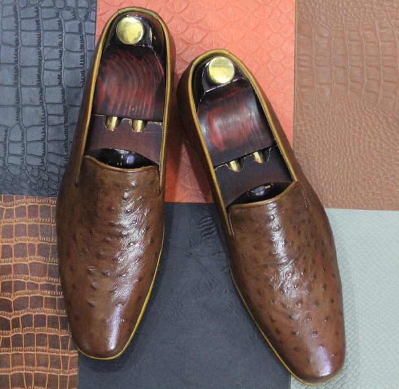 Handmade Brown Ostrich Leather Loafers – Men’s Slip-Ons for Parties & Occasions