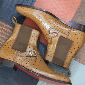 Handmade Brown Ostrich Texture Leather Chelsea Boots | Buckle Ankle Boots for Men