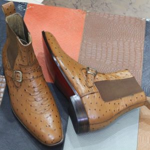 Handmade Brown Ostrich Texture Leather Chelsea Boots | Buckle Ankle Boots for Men
