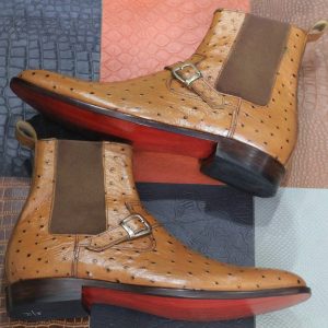 Handmade Brown Ostrich Texture Leather Chelsea Boots | Buckle Ankle Boots for Men