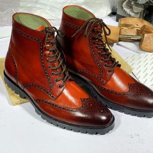 Handmade Burgundy Wingtip Brogue Digger Boots – Goodyear Welted Leather Ankle Boots for Men