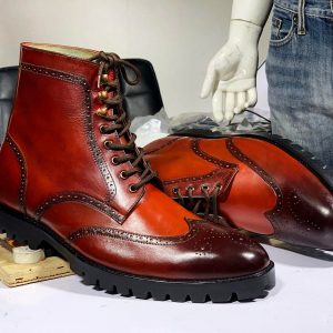 Handmade Burgundy Wingtip Brogue Digger Boots – Goodyear Welted Leather Ankle Boots for Men