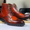 Handmade Burgundy Wingtip Brogue Digger Boots – Goodyear Welted Leather Ankle Boots for Men