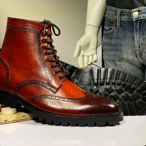 Handmade Burgundy Wingtip Brogue Digger Boots – Goodyear Welted Leather Ankle Boots for Men
