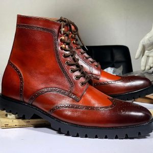 Handmade Burgundy Wingtip Brogue Digger Boots – Goodyear Welted Leather Ankle Boots for Men
