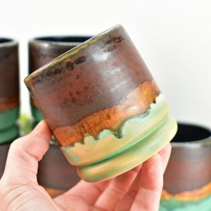 Handmade Ceramic Whiskey Bourbon Tumblers Unique Anniversary or Groomsmen Item in Bronze, Patina Green, and Turquoise