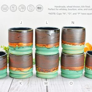 Handmade Ceramic Whiskey Bourbon Tumblers Unique Anniversary or Groomsmen Item in Bronze, Patina Green, and Turquoise