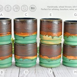 Handmade Ceramic Whiskey Bourbon Tumblers Unique Anniversary or Groomsmen Item in Bronze, Patina Green, and Turquoise