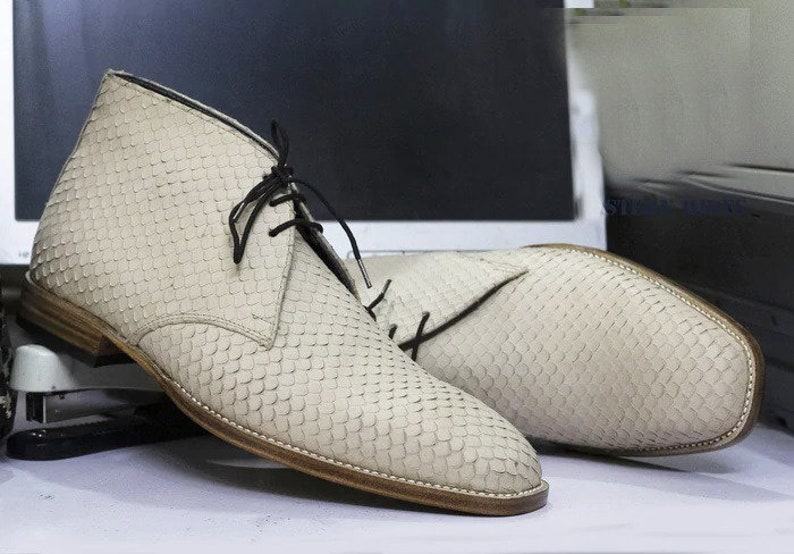 Handmade Cream Python Chukka Boots – Men’s Leather Lace-Up Dress Boots