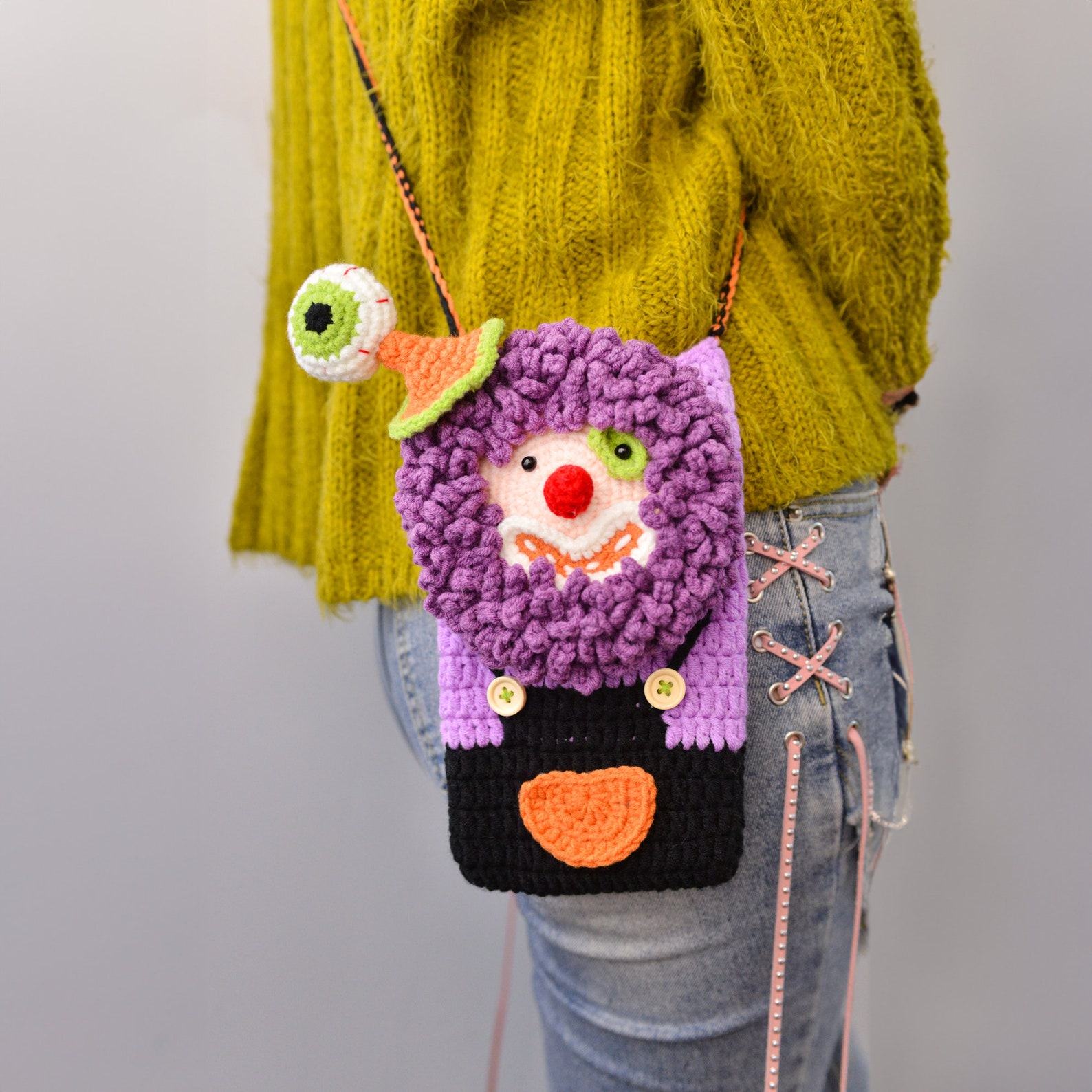 Handmade Crochet Clown Phone Bag A Quirky and Unique Item for Her