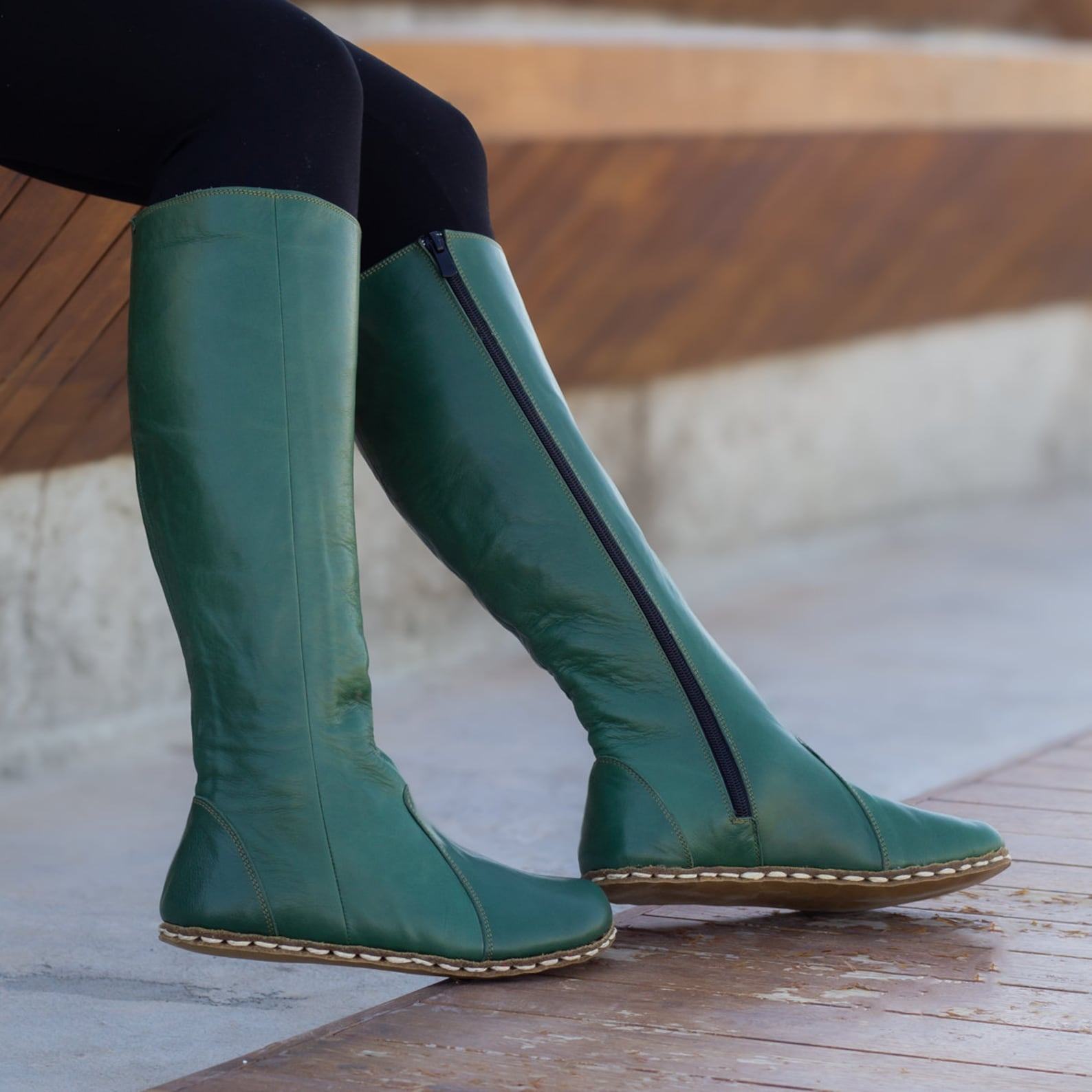 Handmade Green Leather Grounding Boots – Women’s Barefoot Copper Rivet Long Boots