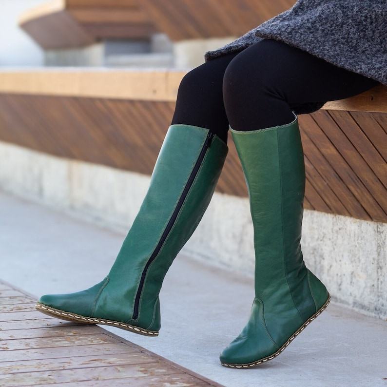 Handmade Green Leather Grounding Boots – Women’s Barefoot Copper Rivet Long Boots
