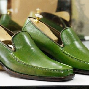 Handmade Green Leather Loafers  Square Toe Dress Slippers for Men’s Parties