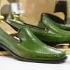 Handmade Green Leather Loafers  Square Toe Dress Slippers for Men’s Parties