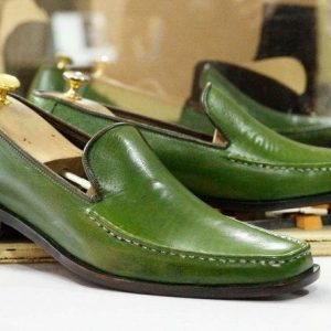 Handmade Green Leather Loafers  Square Toe Dress Slippers for Men’s Parties