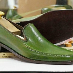 Handmade Green Leather Loafers  Square Toe Dress Slippers for Men’s Parties