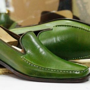 Handmade Green Leather Loafers  Square Toe Dress Slippers for Men’s Parties