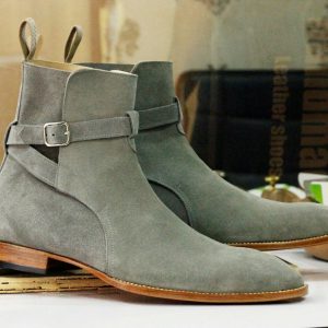 Handmade Grey Suede Jodhpurs  Stylish Men’s Ankle Boots with Buckle Detail