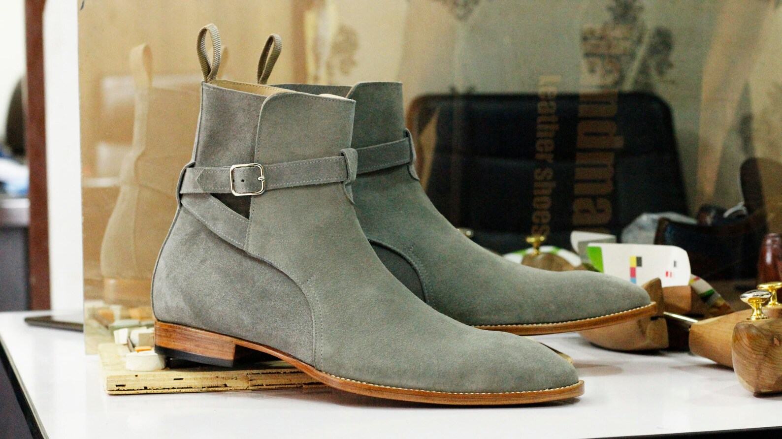 Handmade Grey Suede Jodhpurs Stylish Men’s Ankle Boots with Buckle Detail - Image 2