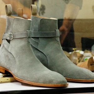 Handmade Grey Suede Jodhpurs  Stylish Men’s Ankle Boots with Buckle Detail