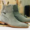 Handmade Grey Suede Jodhpurs  Stylish Men’s Ankle Boots with Buckle Detail