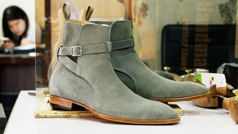 Handmade Grey Suede Jodhpurs Stylish Men’s Ankle Boots with Buckle Detail