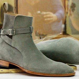 Handmade Grey Suede Jodhpurs  Stylish Men’s Ankle Boots with Buckle Detail