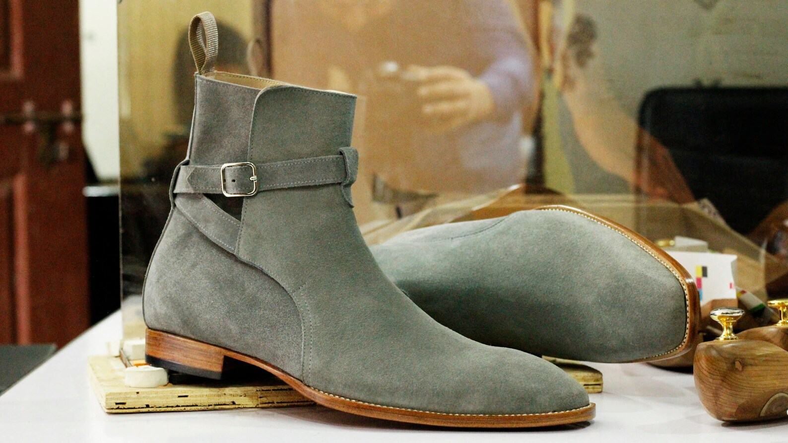 Handmade Grey Suede Jodhpurs Stylish Men’s Ankle Boots with Buckle Detail - Image 3