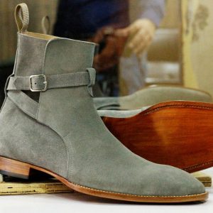 Handmade Grey Suede Jodhpurs  Stylish Men’s Ankle Boots with Buckle Detail