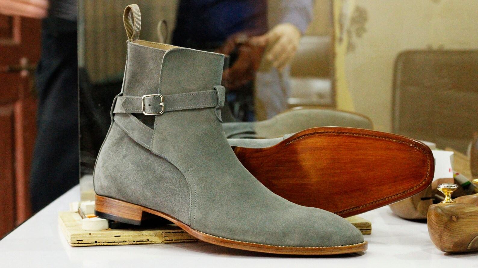 Handmade Grey Suede Jodhpurs Stylish Men’s Ankle Boots with Buckle Detail - Image 4