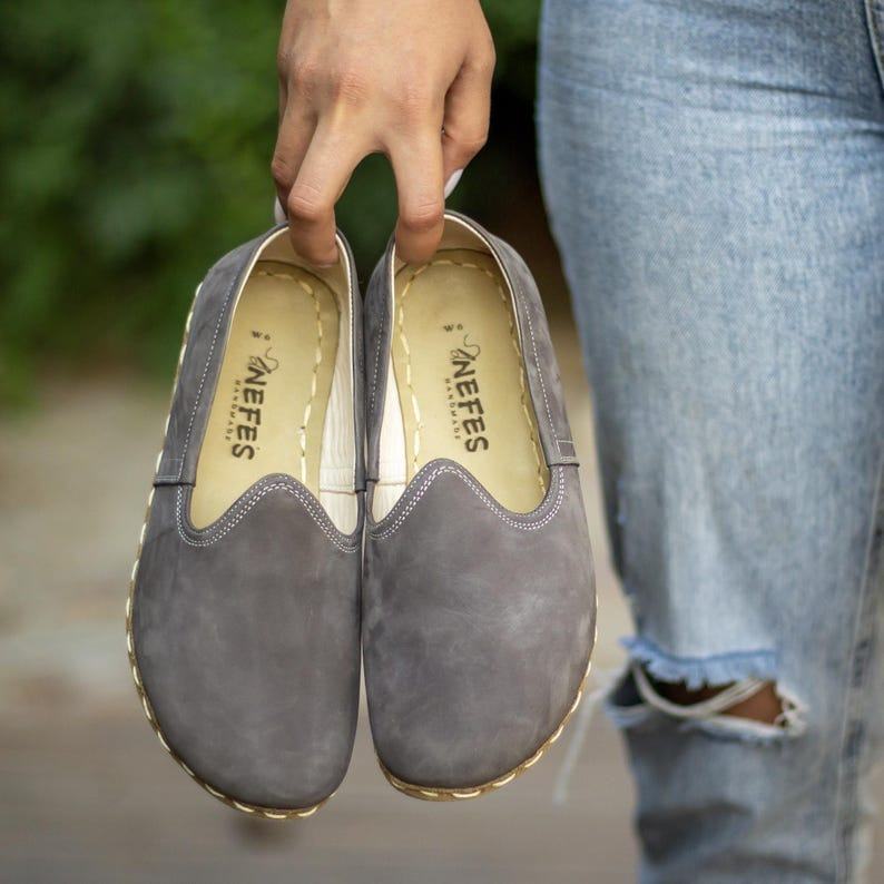 Handmade Grounding Shoes for Women  Gray Nubuck Leather Copper Sole Earthing Shoes