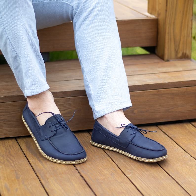 Handmade Leather Barefoot Shoes Men – Crazy Navy Blue Copper Grounding Earth Shoes