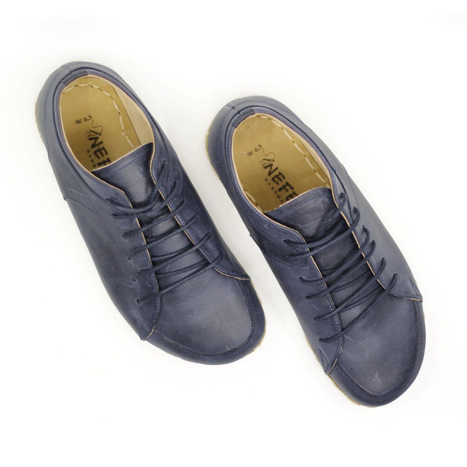 Handmade Leather Barefoot Sneakers  Navy Copper Rivet Earth Runners for Men