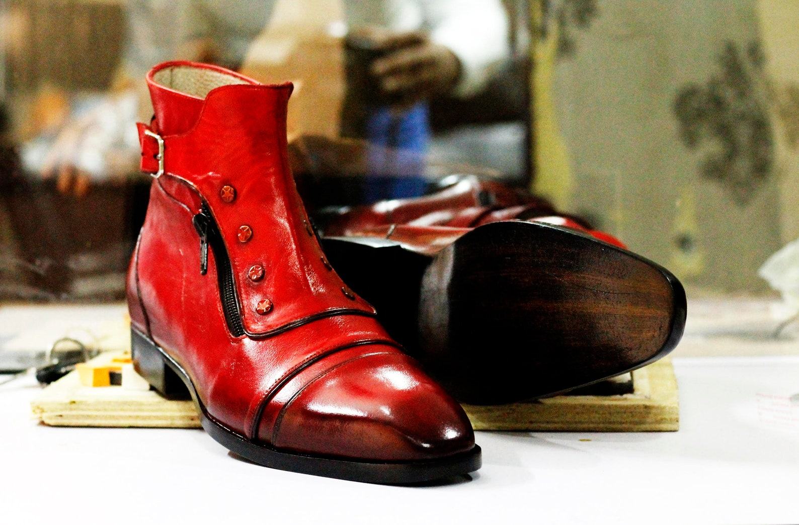 Handmade Leather Boots Red Dress Boots, Button & Zipper Ankle Boots – Goodyear Welted - Image 3