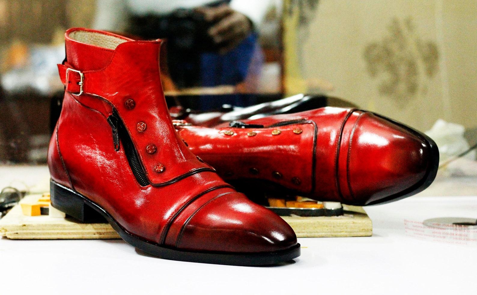 Handmade Leather Boots Red Dress Boots, Button & Zipper Ankle Boots – Goodyear Welted - Image 2