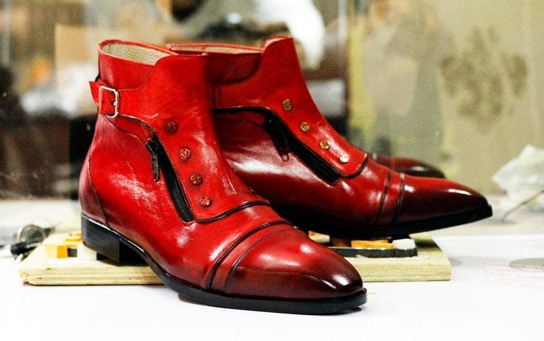 Handmade Leather Boots Red Dress Boots, Button & Zipper Ankle Boots – Goodyear Welted