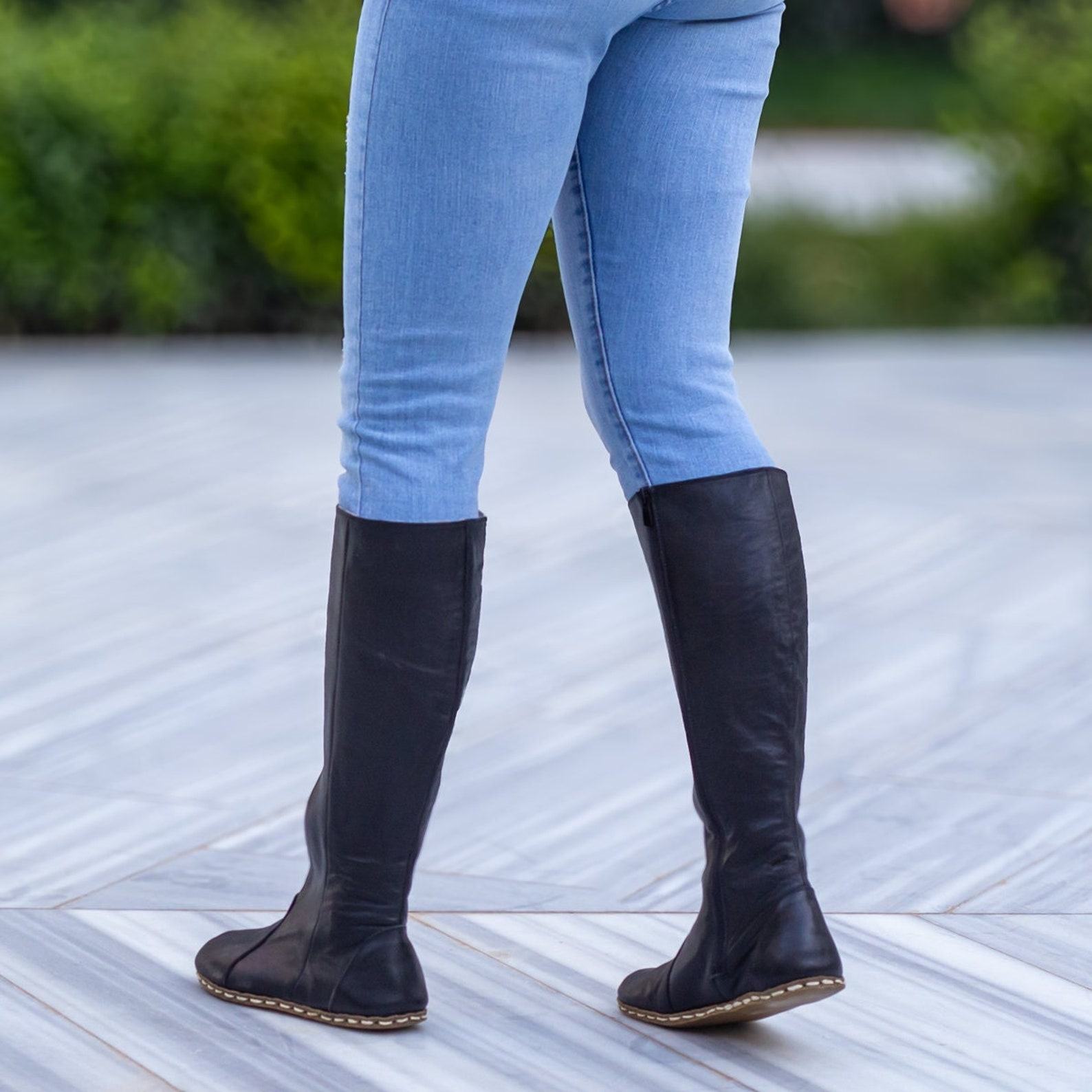 Handmade Leather Earthing Boots for Women – Grounding Copper Rivet Long Boots – Barefoot Black