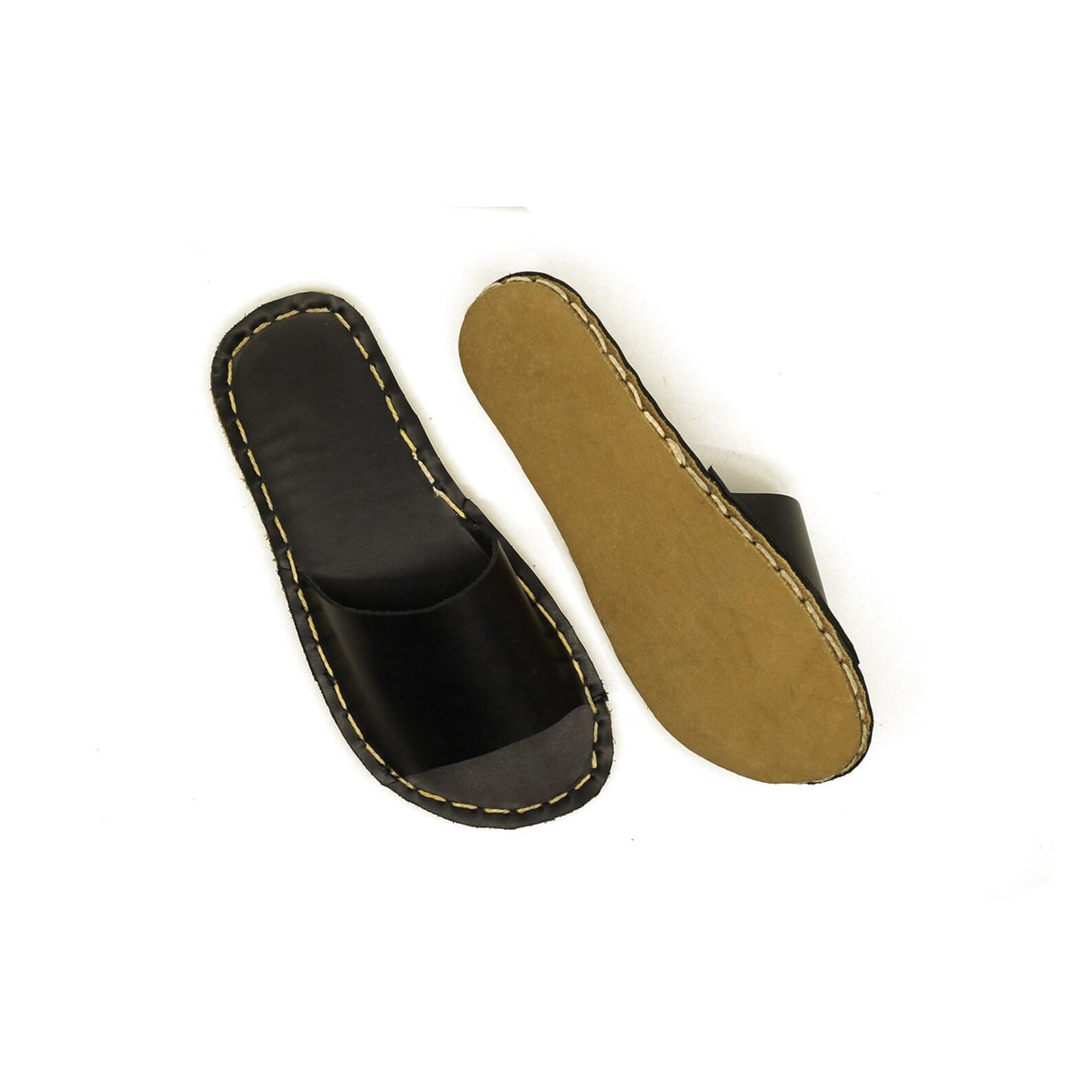 Handmade Leather Tape Sandals for Men – Barefoot Black Slippers