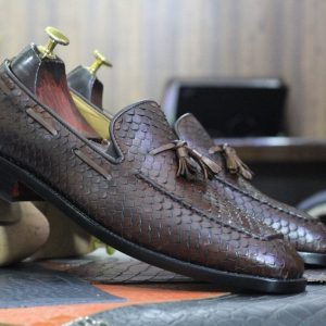 Handmade Python Loafers  Men’s Brown Leather Slip-Ons – Dress & Office Shoes