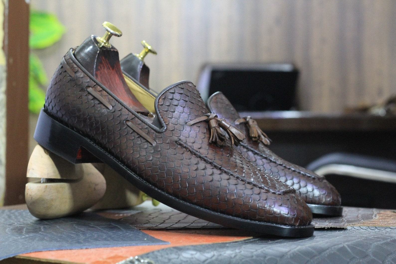 Handmade Python Loafers Men’s Brown Leather Slip-Ons – Dress & Office Shoes - Image 3