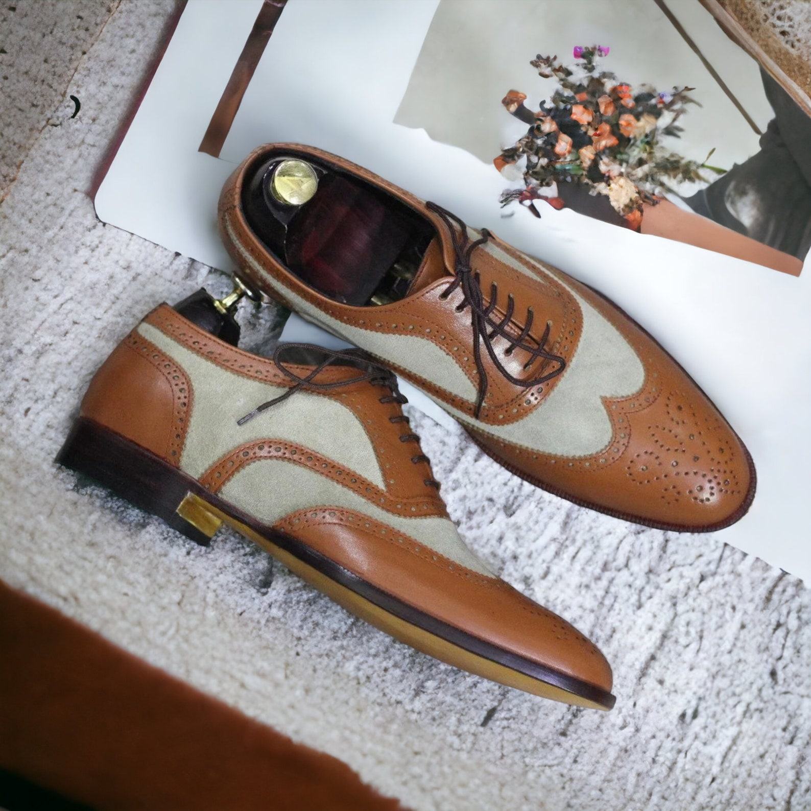 Handmade Two-Tone Wingtip Brogues  Men’s Leather Dress Shoes