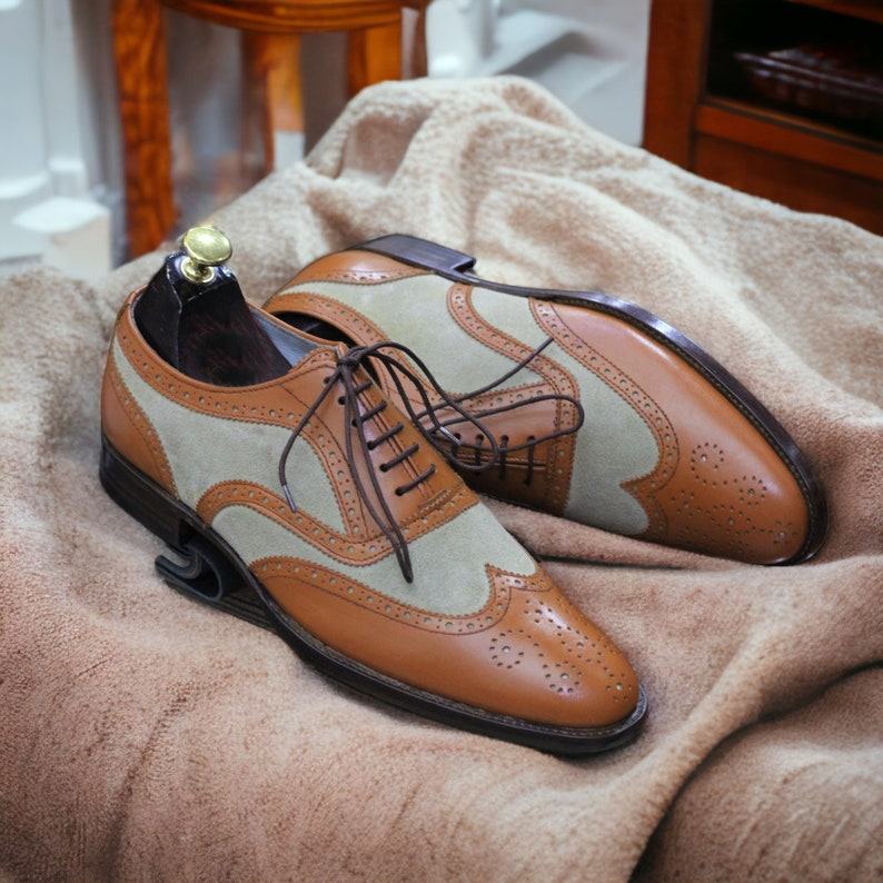 Handmade Two-Tone Wingtip Brogues  Men’s Leather Dress Shoes