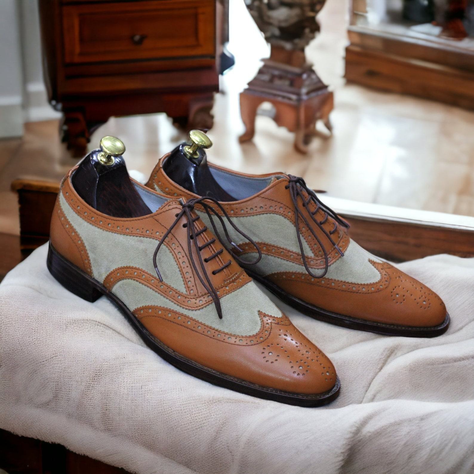 Handmade Two-Tone Wingtip Brogues  Men’s Leather Dress Shoes