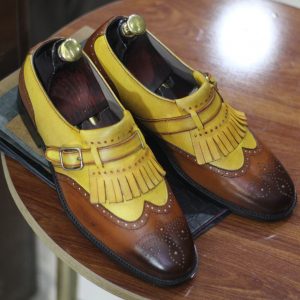 Handmade Yellow Brown Leather Wingtip Brogues | Men’s Designer Formal Shoes
