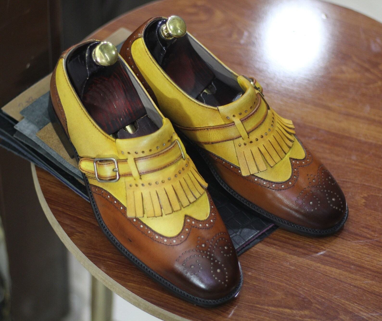 Handmade Yellow Brown Leather Wingtip Brogues | Men’s Designer Formal Shoes - Image 3