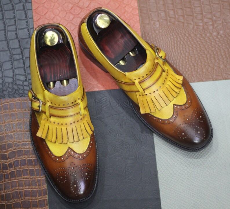 Handmade Yellow Brown Leather Wingtip Brogues | Men’s Designer Formal Shoes