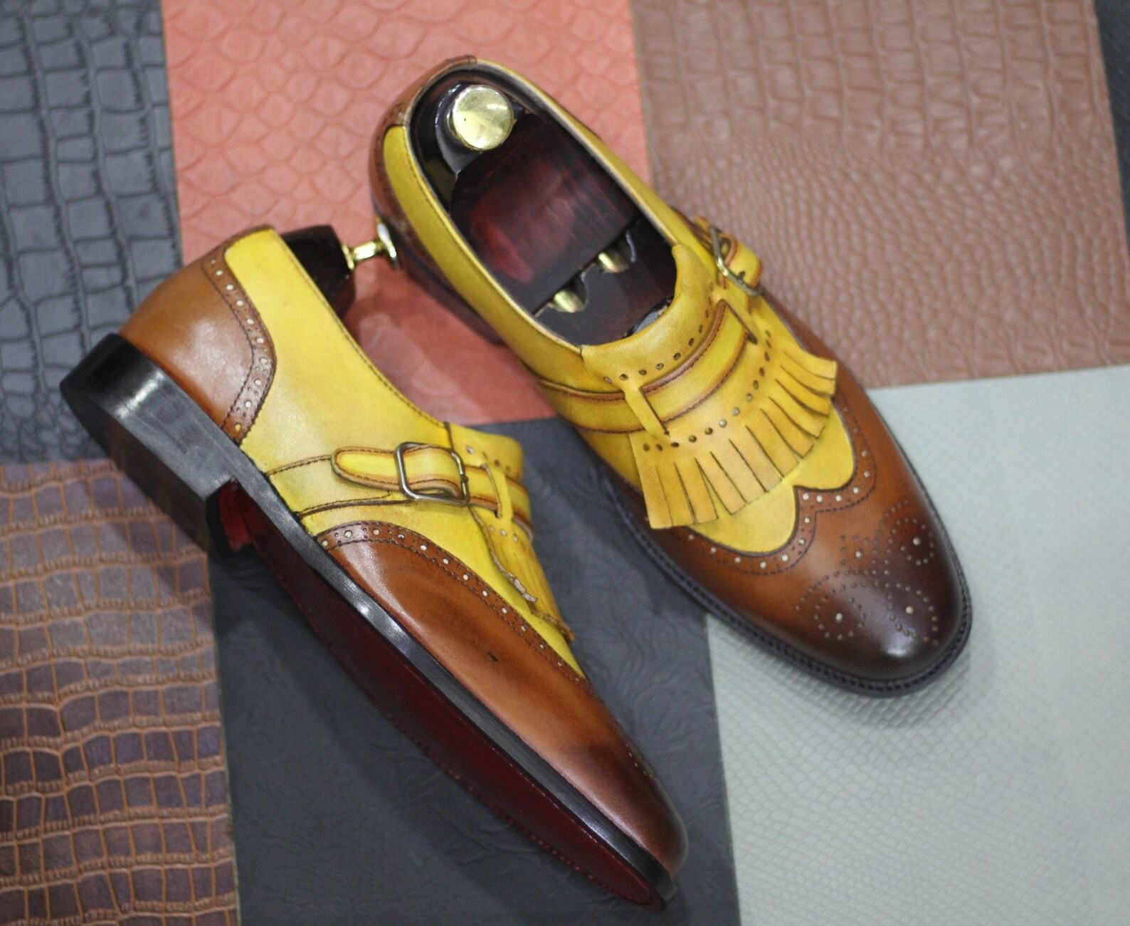 Handmade Yellow Brown Leather Wingtip Brogues | Men’s Designer Formal Shoes - Image 4